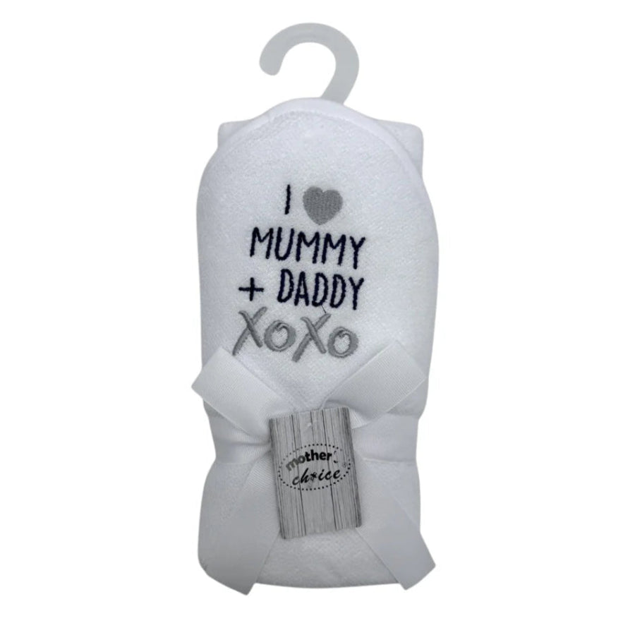 Mothers Choice Hooded Towel And Bib I Love Mummy And Daddy 75x75cm HT3331