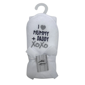 Mothers Choice Hooded Towel And Bib I Love Mummy And Daddy 75x75cm HT3331