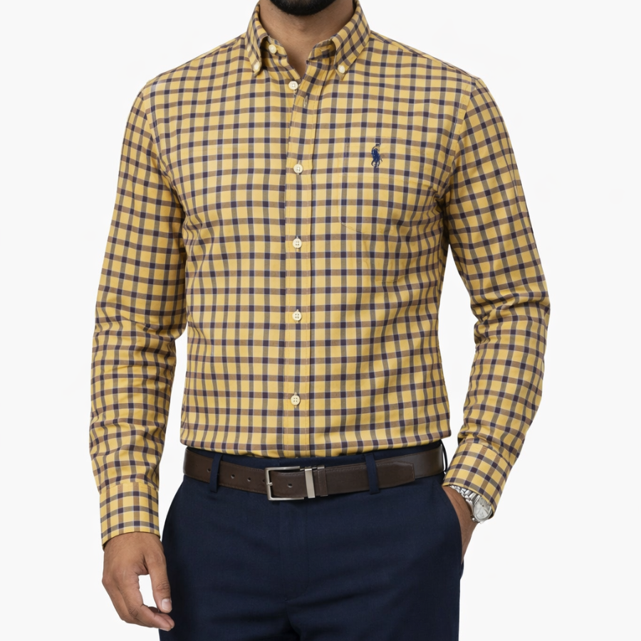 Polo Long Sleeve Gingham Check Shirt Mustard 0070691.