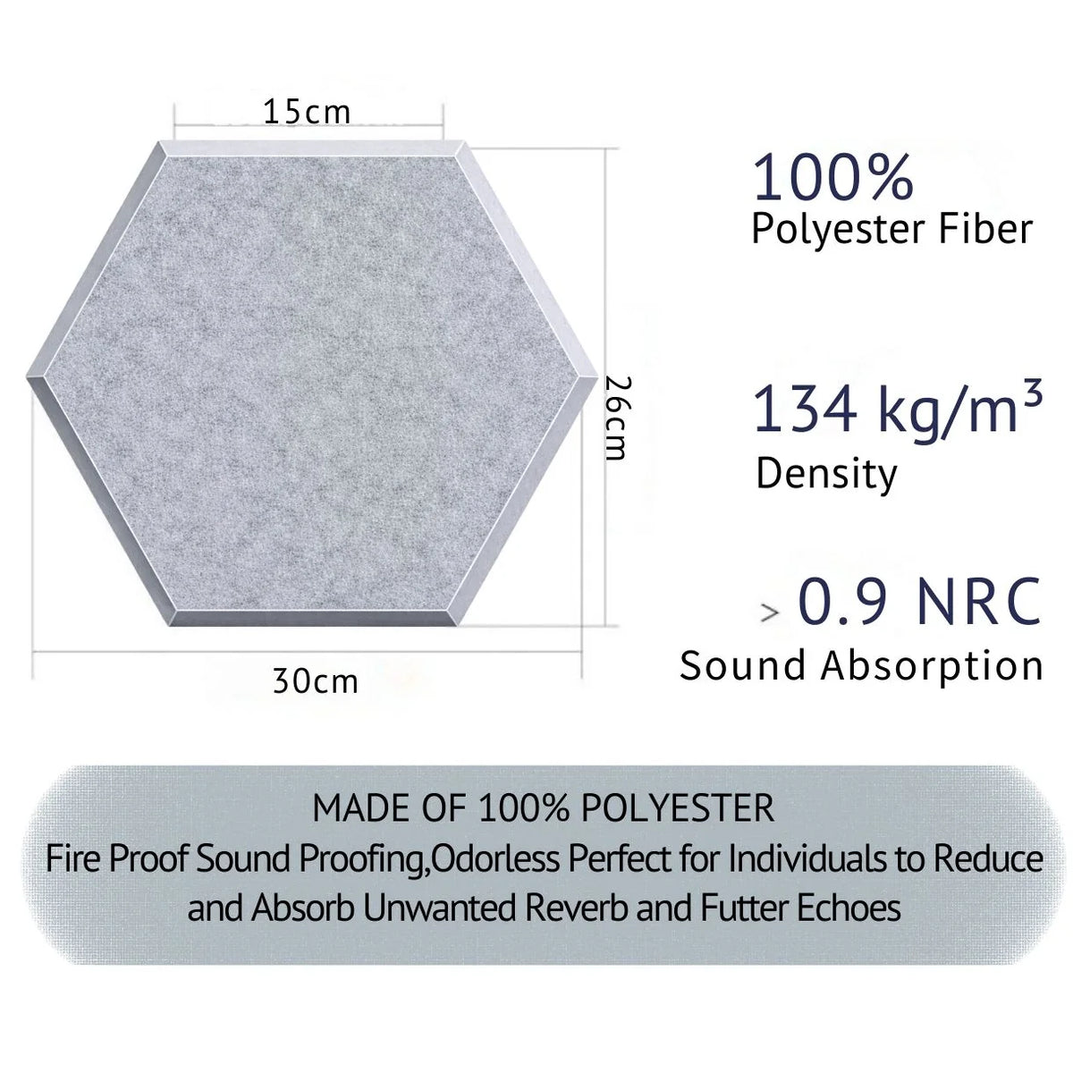 Echo-Less Self-Adhesive Hexagon Polyester Fibre Acoustic Panels Light Grey.