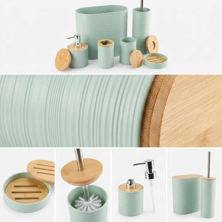 CH 6pc Bathroom Accessory Set With Bamboo Lids Light Green CH1603