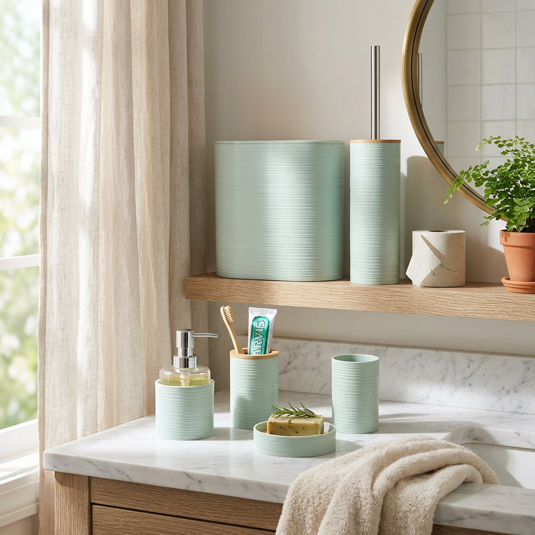 CH 6pc Bathroom Accessory Set With Bamboo Lids Light Green CH1603