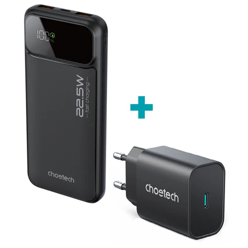 Choetech 10000mAh 22.5W Power Bank + 1 Port 25W Wall Charger - Black