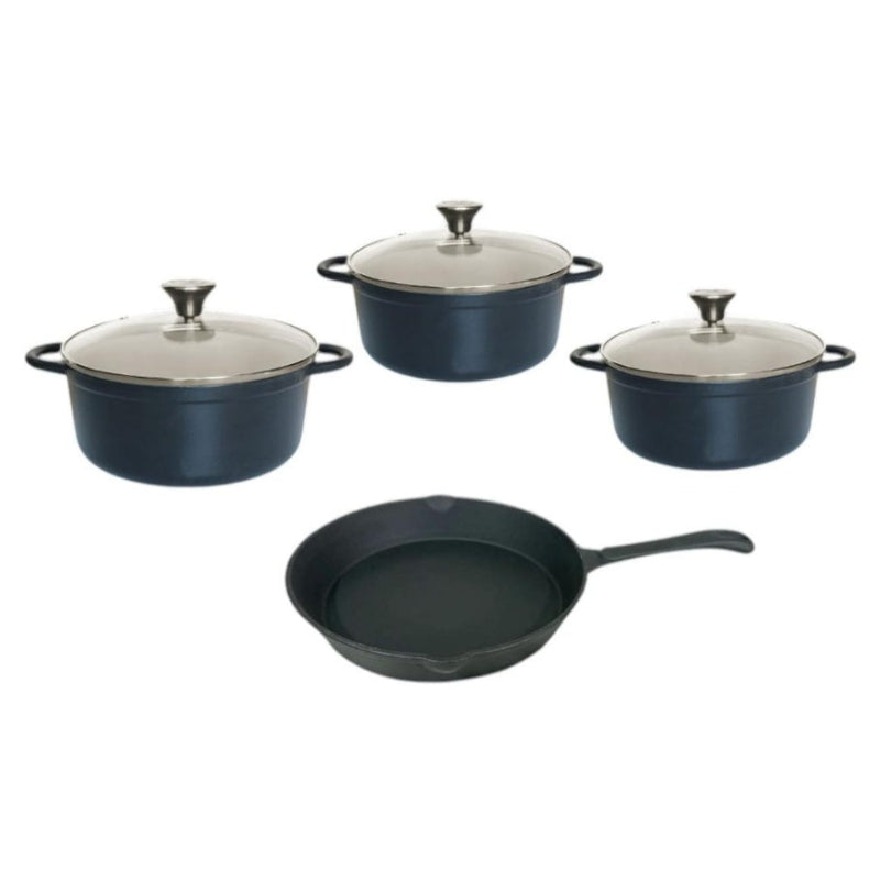 Cast Iron Pot Set 7 Piece with Glass Lids Enamel Matt Black CH1187