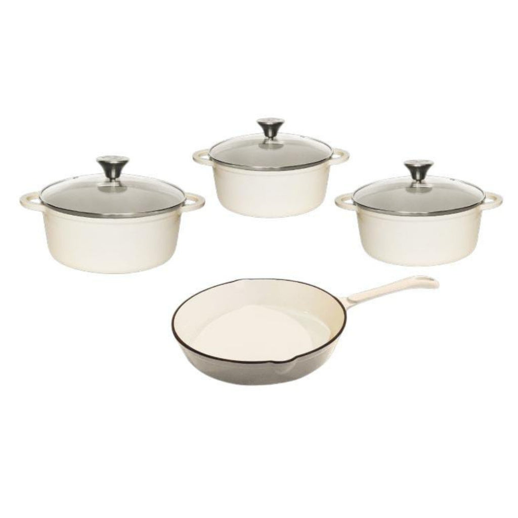 Cast Iron Pot Set 7 Piece with Glass Lids Enamel Cream CH1185