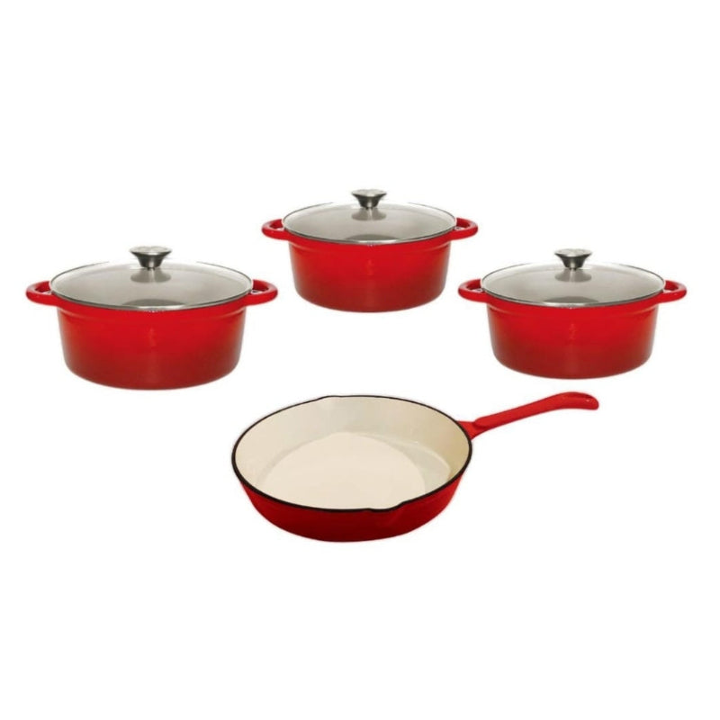 Cast Iron Pot Set 7 Piece with Glass Lids Enamel Red CH1186