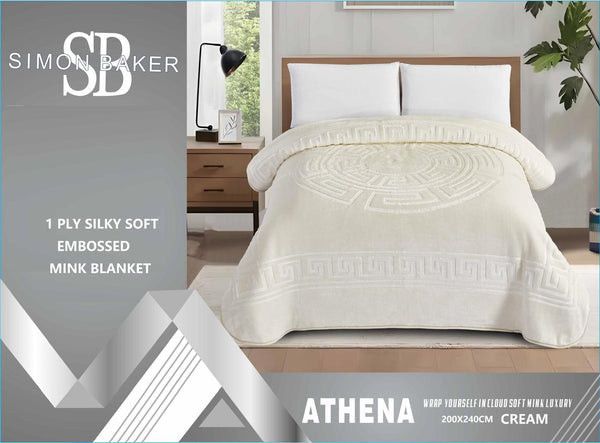 Simon Baker Athena Mink Blankets 1 PLY Silky Soft Embossed Queen Cream.