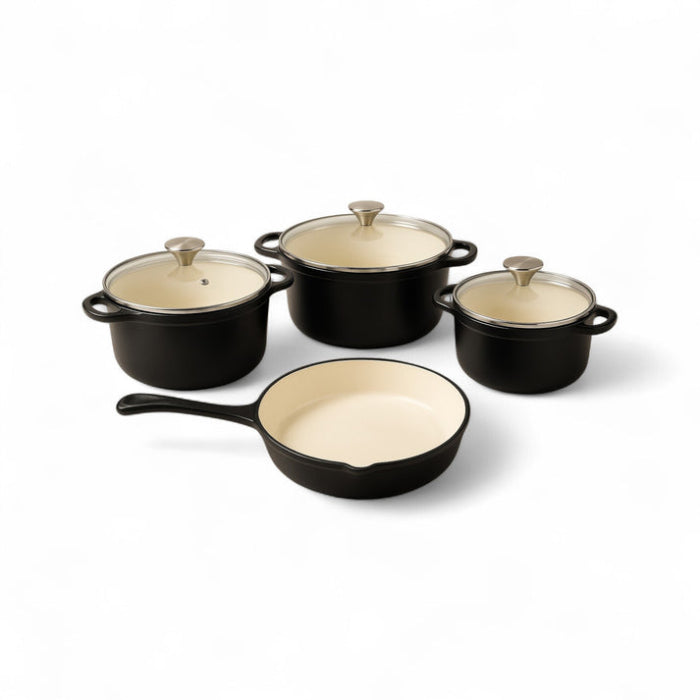 Cast Iron Pot Set 7 Piece with Glass Lids Enamel Matt Black CH1187