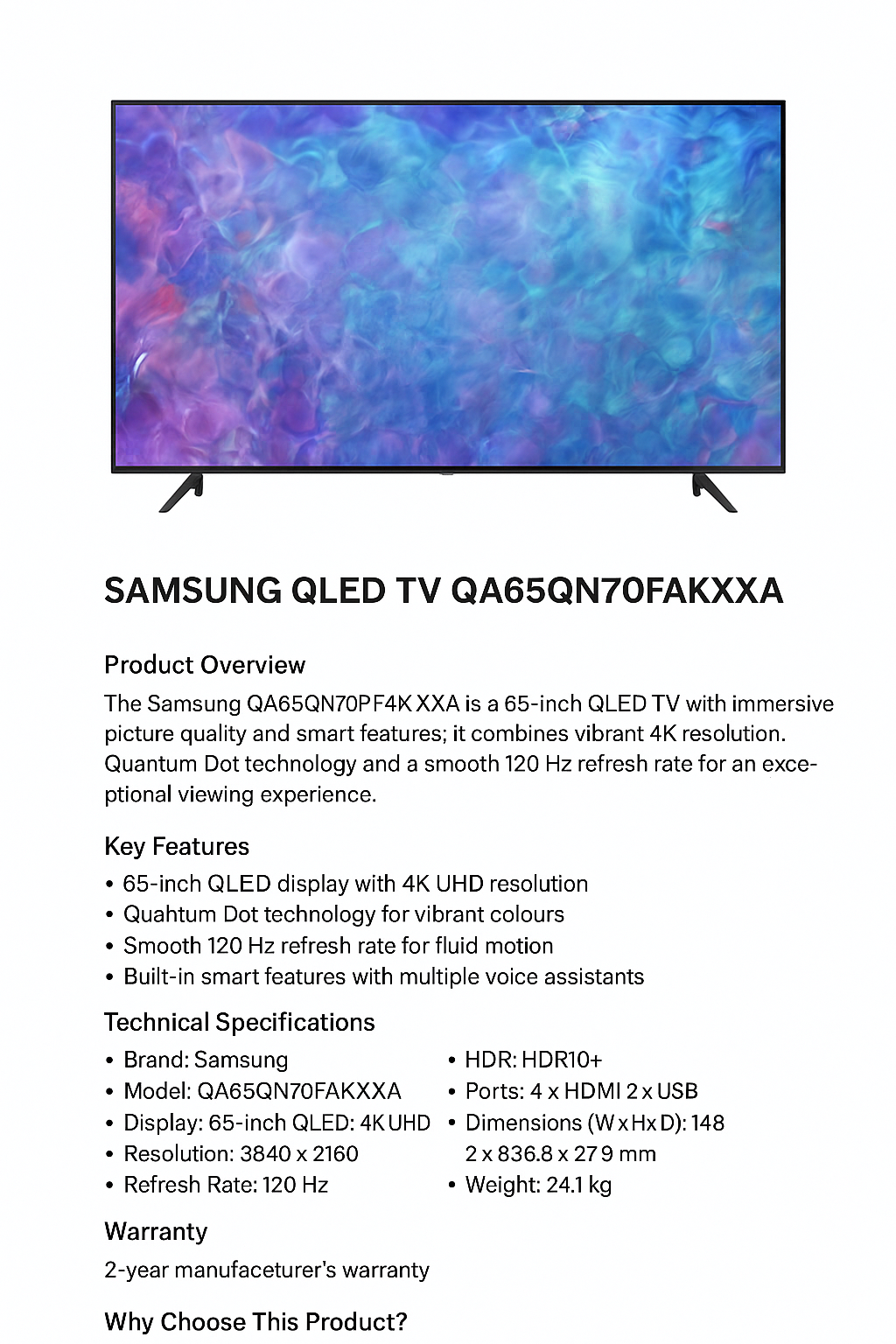 Samsung 65"NEO QLED TV QA65QN70FAKXXA