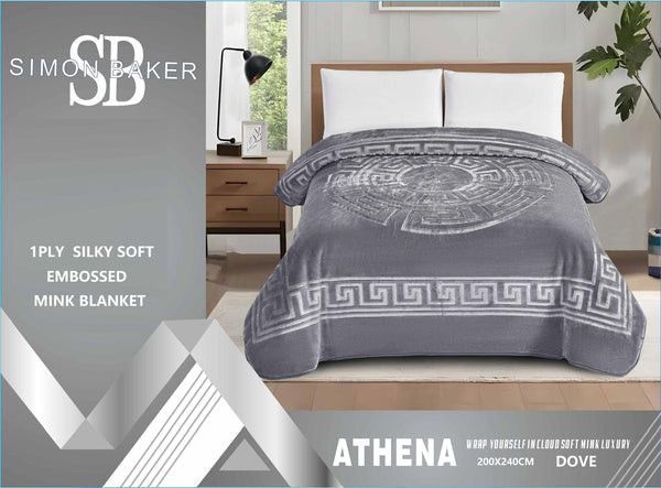 Simon Baker Athena Mink Blankets 1 PLY Silky Soft Embossed Queen Dove.