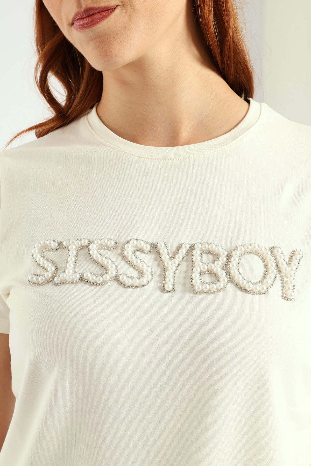 Sissy Boy Rumours Regular Fit Pearl & Bling Logo Top - White