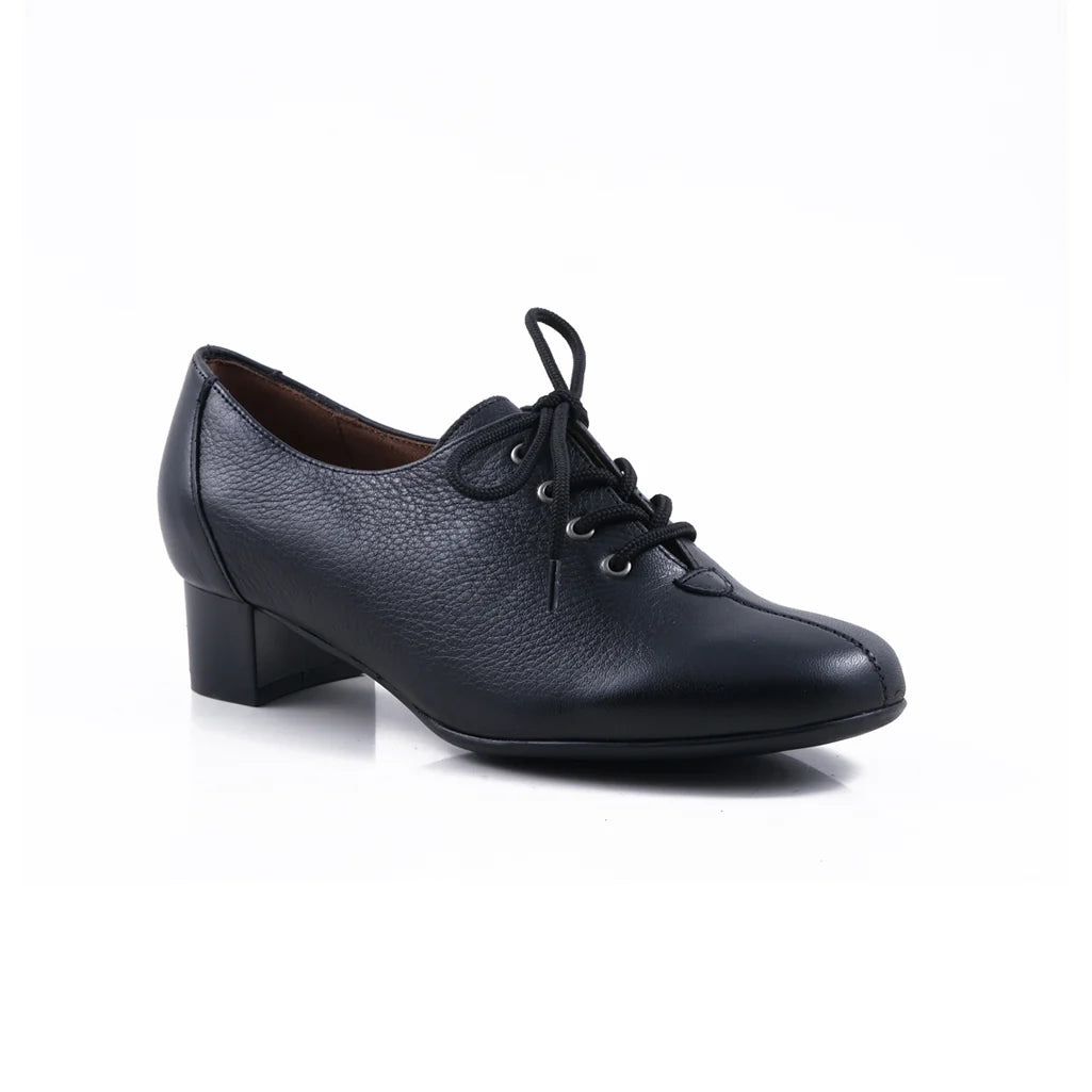 Froggie Women's Leather Block Heel Lace Up Court Shoe-Black 11407.374-100