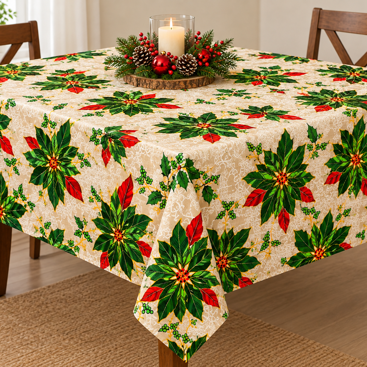 Fabric Printed Mini Matt Christmas Festive Poinsettia 140 cm.