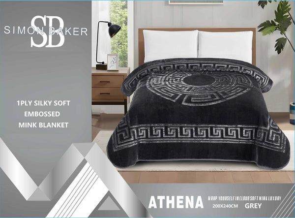 Simon Baker Athena Mink Blankets 1 PLY Silky Soft Embossed Queen Grey.