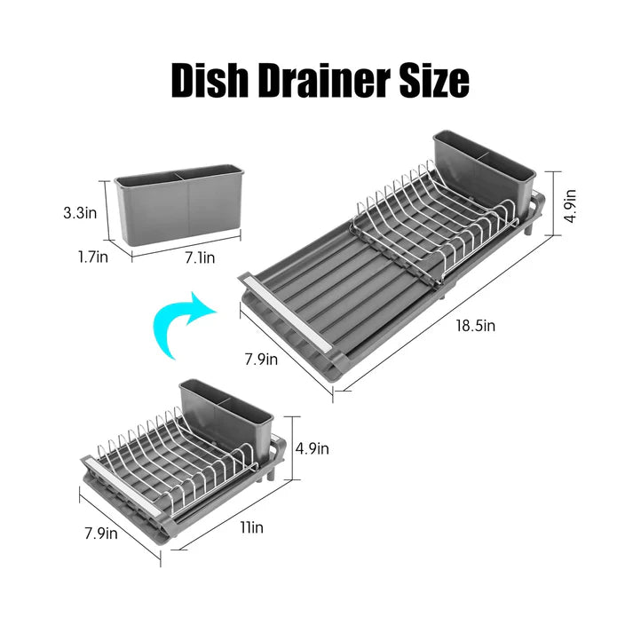 CH Adjustable Dish Drying Rack With Utensil Holder & Drip Tray Grey CH1150.