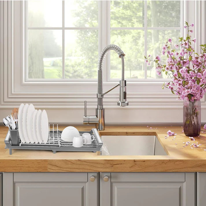 CH Adjustable Dish Drying Rack With Utensil Holder & Drip Tray Grey CH1150.