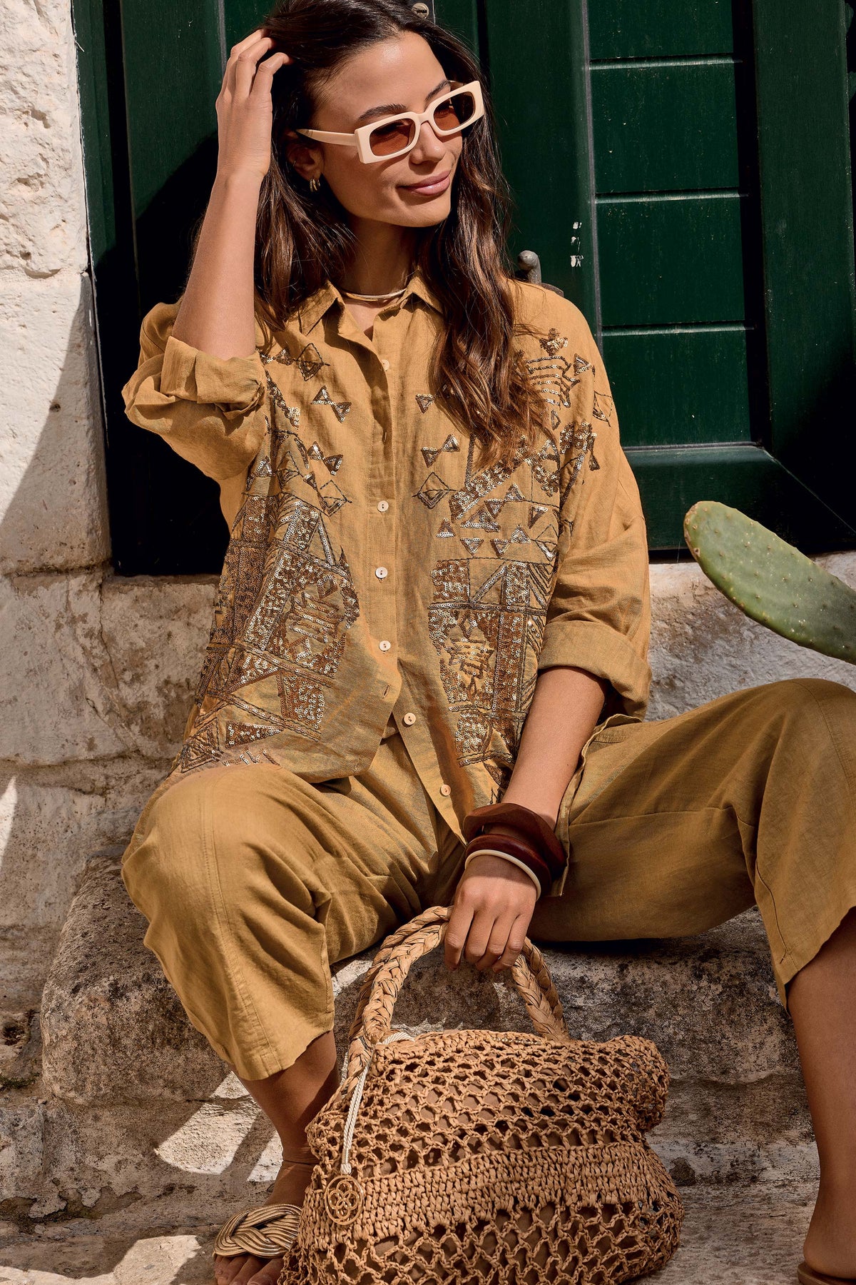 Iconique Palazzo Trousers In Linen Blend-Khaki IC26-016