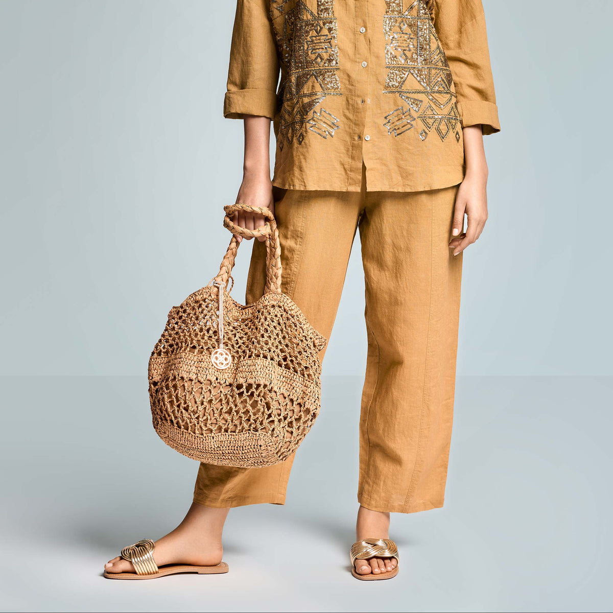 Iconique Palazzo Trousers In Linen Blend-Khaki IC26-016