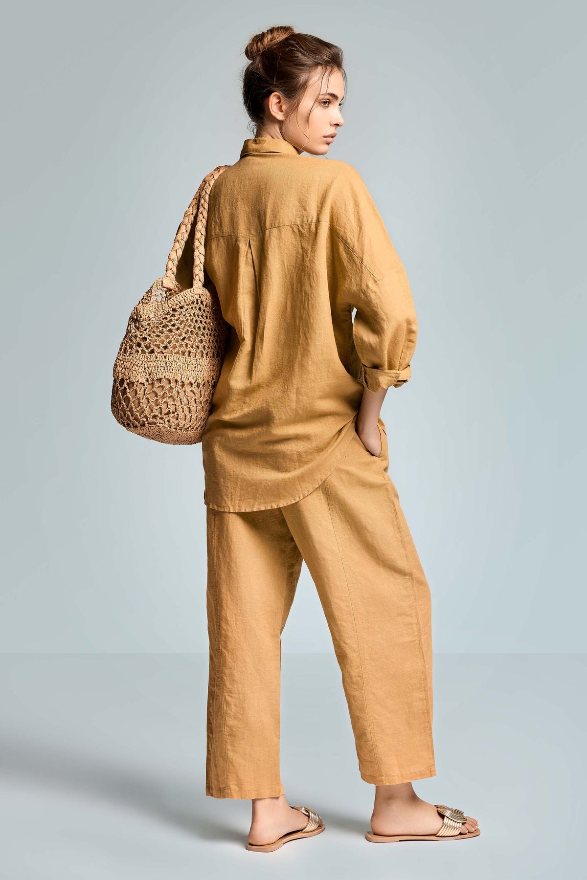Iconique Palazzo Trousers In Linen Blend-Khaki IC26-016