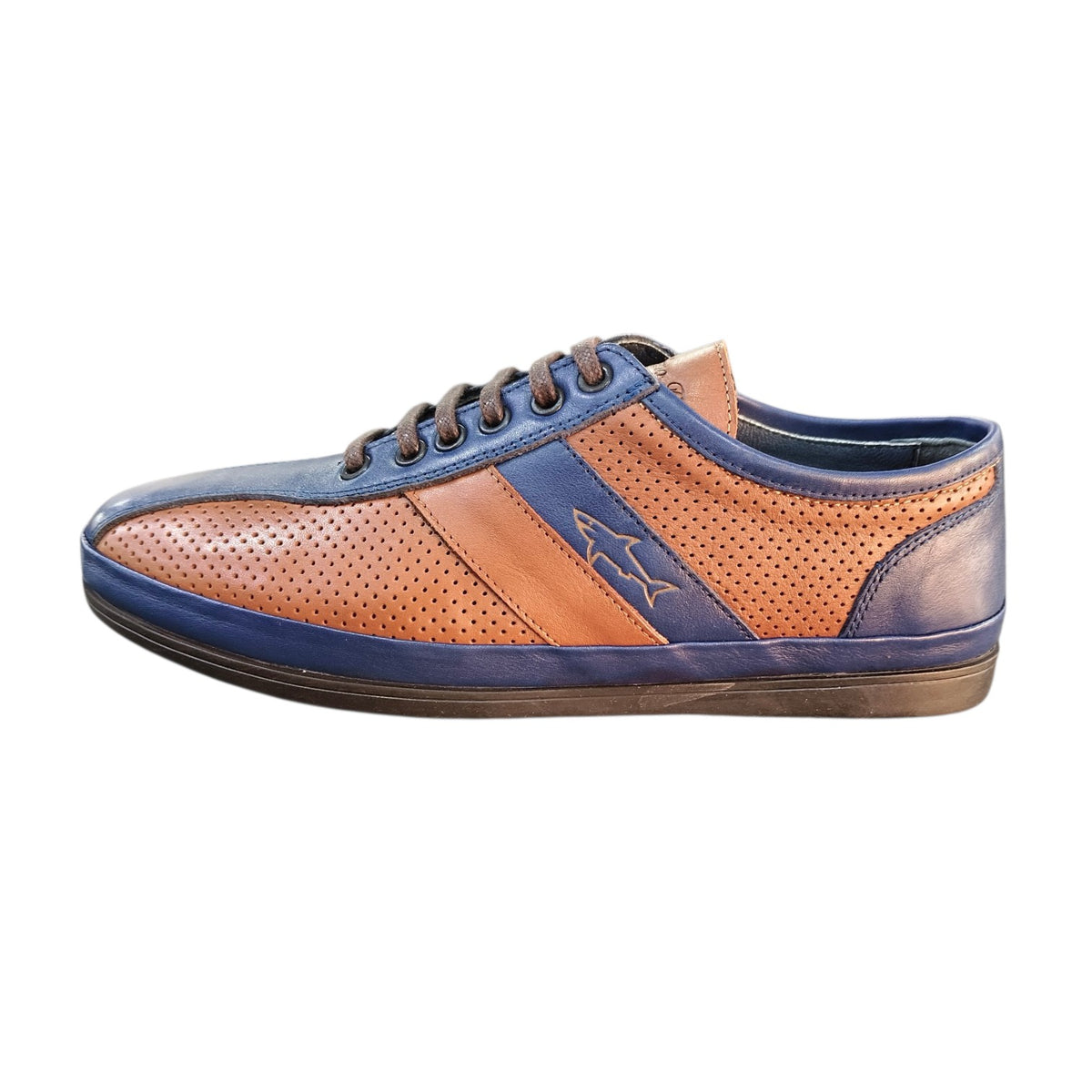 Stefano R Men's Perforated Leather Casual Sneakers Tan/Navy A1720-21