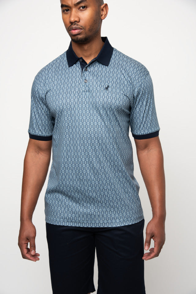 Polo Mens Double Mercerised Printed Micro Geo Golfer Blue