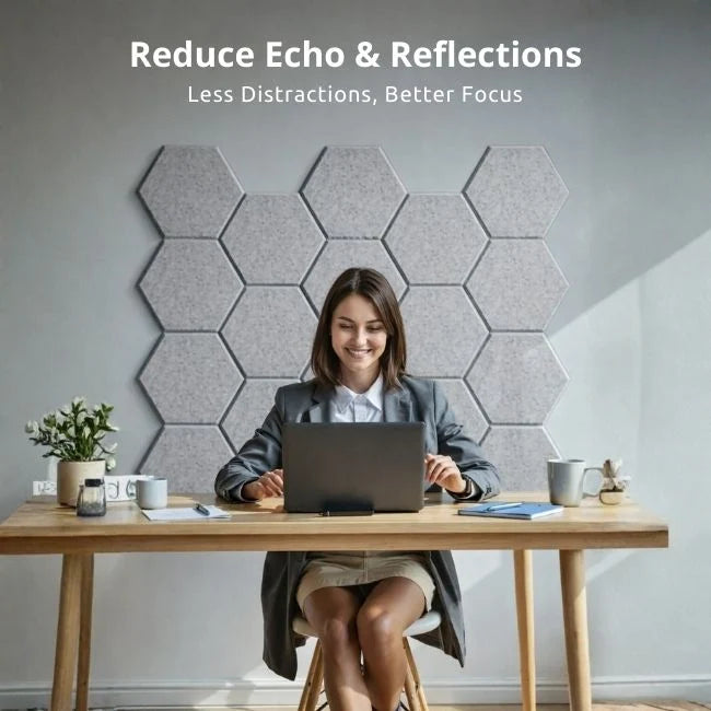 Echo-Less Self-Adhesive Hexagon Polyester Fibre Acoustic Panels Light Grey.
