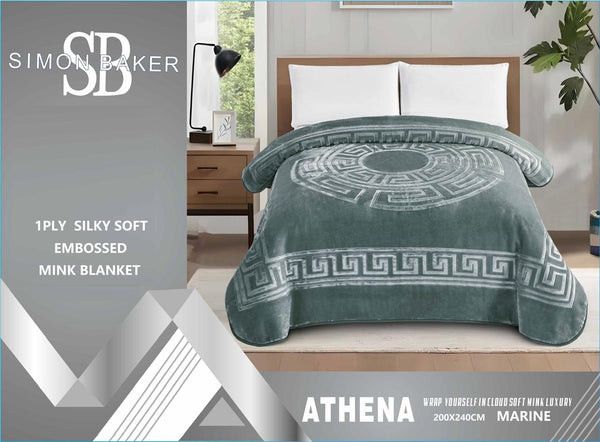 Simon Baker Athena Mink Blankets 1 PLY Silky Soft Embossed Queen Marine.