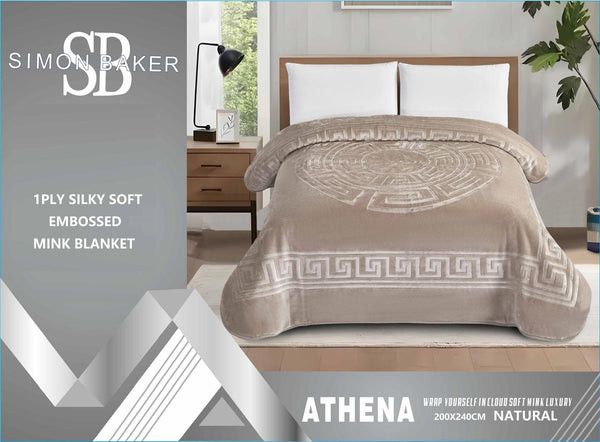 Simon Baker Athena Mink Blankets 1 PLY Silky Soft Embossed Queen Natural.