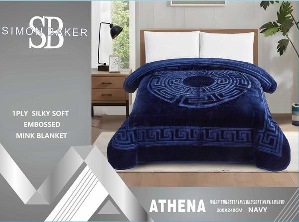 Simon Baker Athena Mink Blankets 1 PLY Silky Soft Embossed Queen Navy.