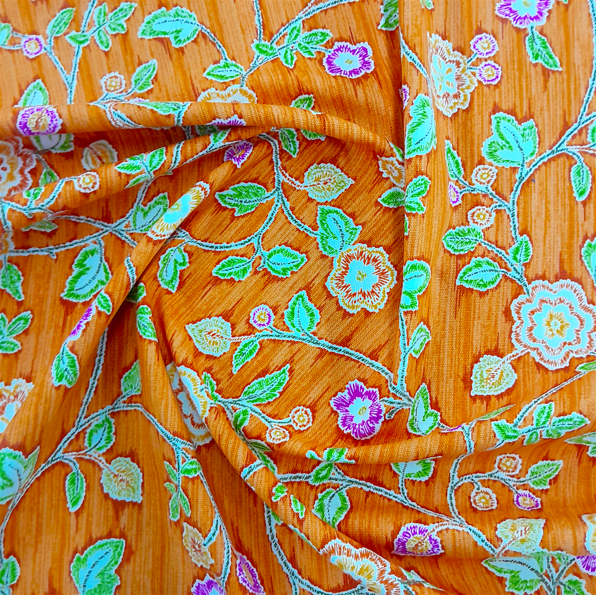 Printed Cotton Fabric Orange Embroided Floral Fabric 140 cm