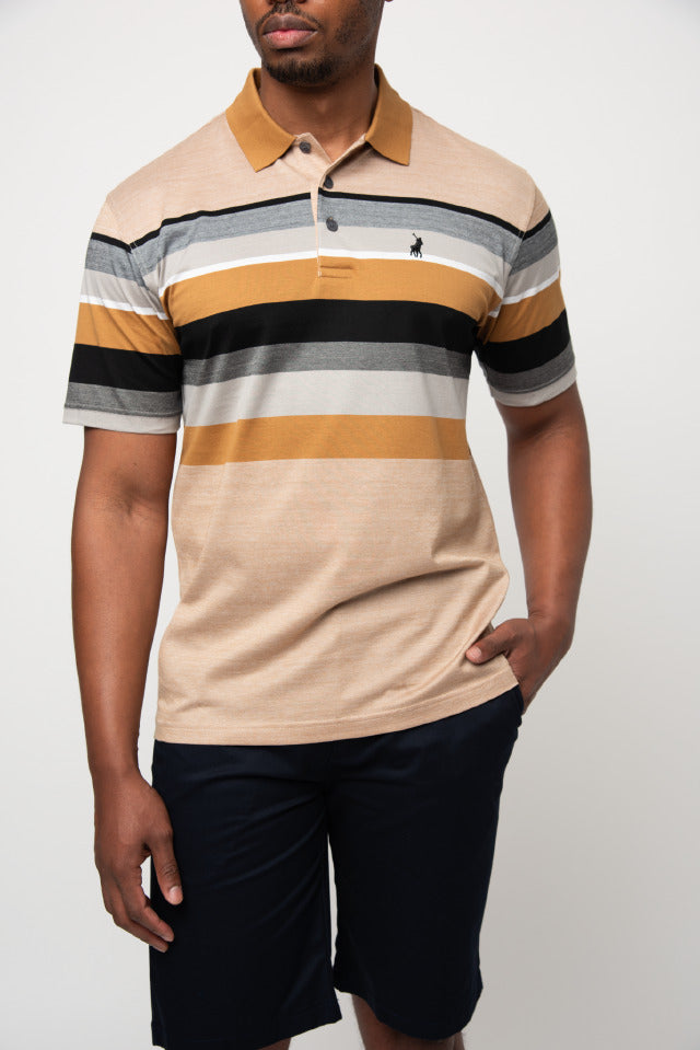Polo Double Mercerised Stripe Short Sleeve Golfer Camel