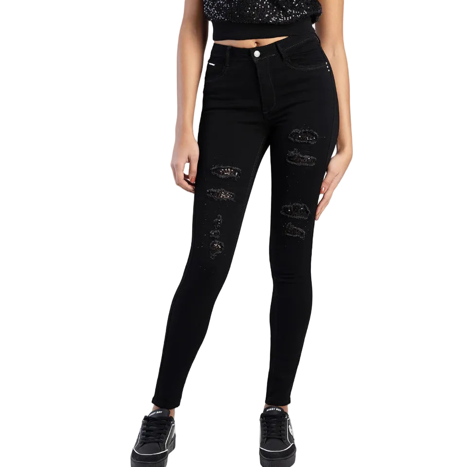 Sissy Boy Sinclair: Mid-Waist Skinny With Rip And Repair With Sequin Black
