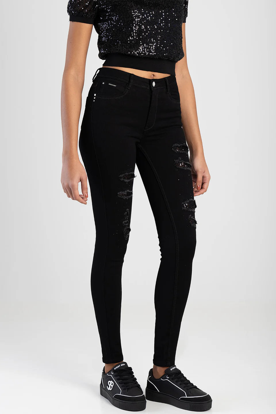 Sissy Boy Sinclair: Mid-Waist Skinny With Rip And Repair With Sequin Black