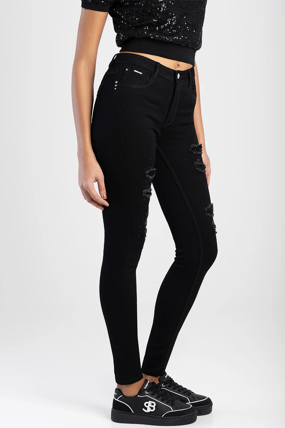 Sissy Boy Sinclair: Mid-Waist Skinny With Rip And Repair With Sequin Black