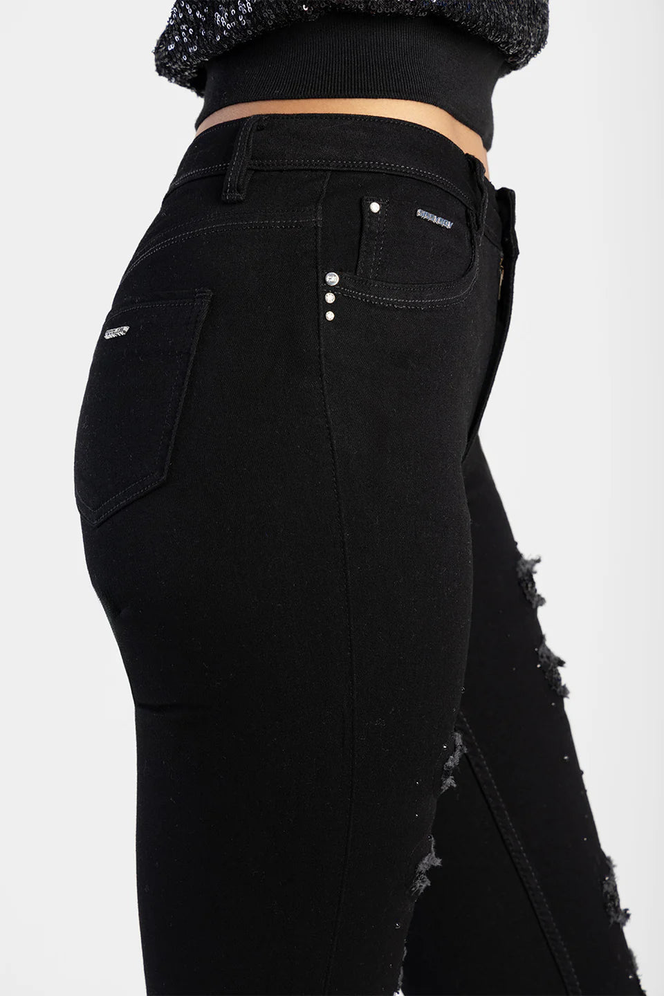 Sissy Boy Sinclair: Mid-Waist Skinny With Rip And Repair With Sequin Black