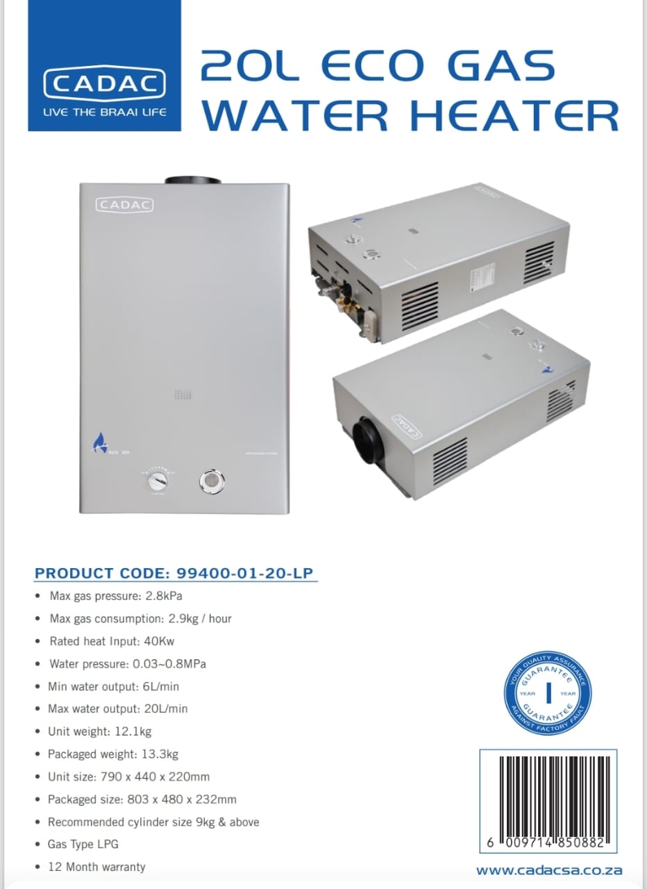 Cadac 20 Litre ECO Low Pressure Gas Geyser 99400-01-20-LT