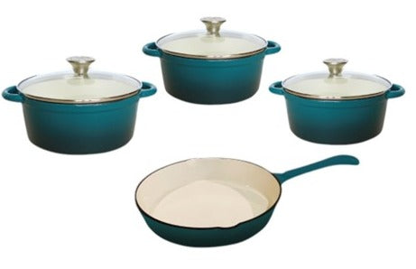 Cast Iron Pot Set 7 Piece with Glass Lids Enamel  Teal CH1189