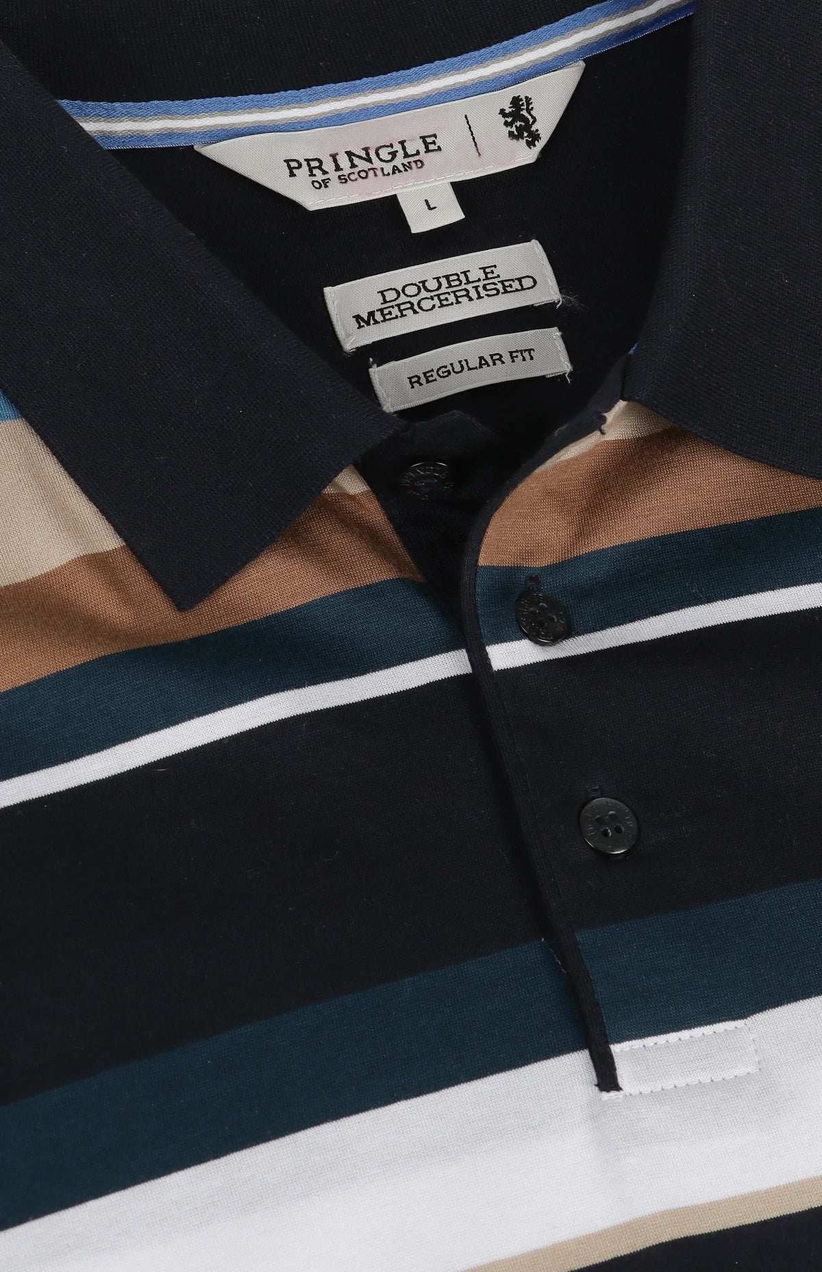 Pringle Lance Stripe Mercerised Golfer Navy.