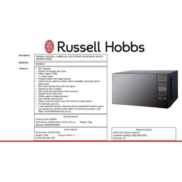 Russell Hobbs 20 Litre Electronic Microwave Black Mirror Finish RHEM21L