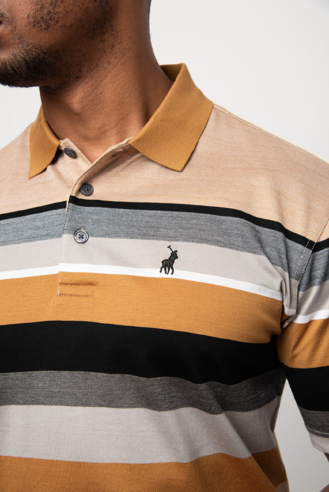 Polo Double Mercerised Stripe Short Sleeve Golfer Camel