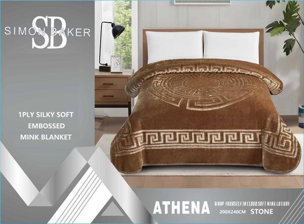 Simon Baker Athena Mink Blankets 1 PLY Silky Soft Embossed Queen Stone.