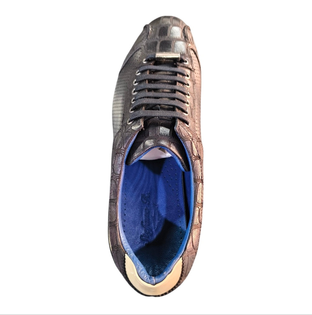Stefano R Men's Black Croc-Embossed Leather Sneakers with Cream Heel Detail – A1720-21