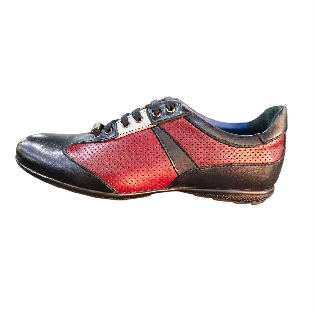 Stefano R Men's Black & Red Leather Sneakers with Perforated Panels – A1720-14