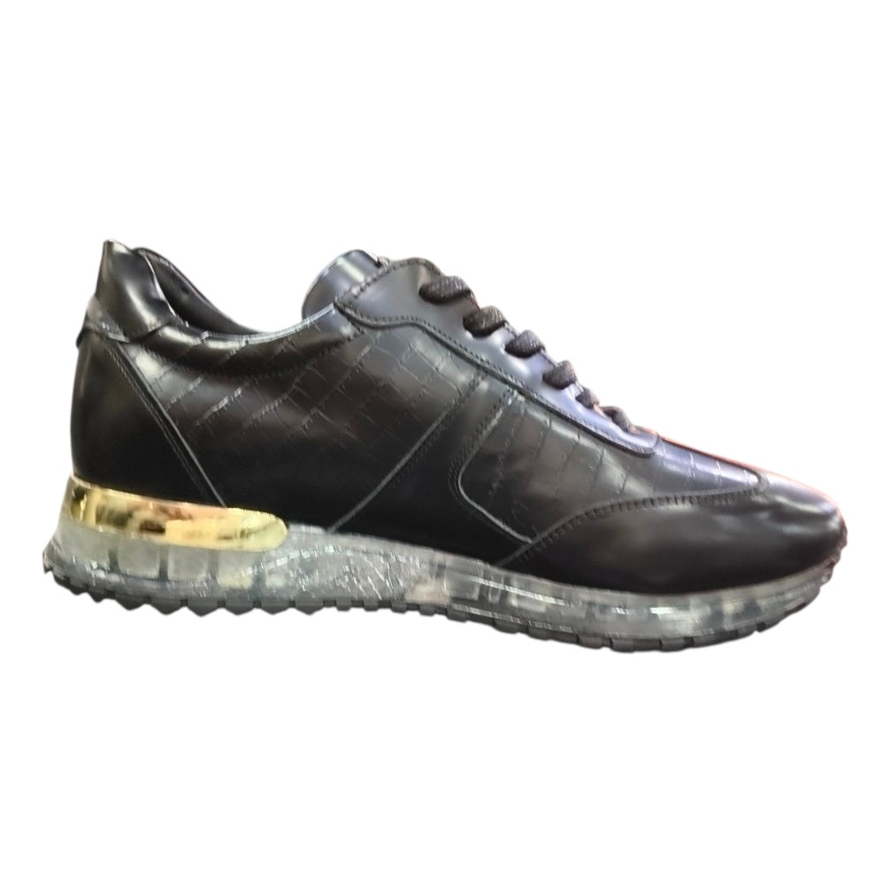Stefano R Men's Matte Black Croc-Embossed Leather Sneakers with Metallic Silver Heel Detail – 1401