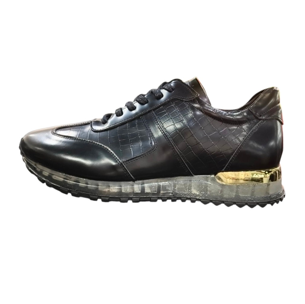Stefano R Men's Matte Black Croc-Embossed Leather Sneakers with Metallic Silver Heel Detail – 1401
