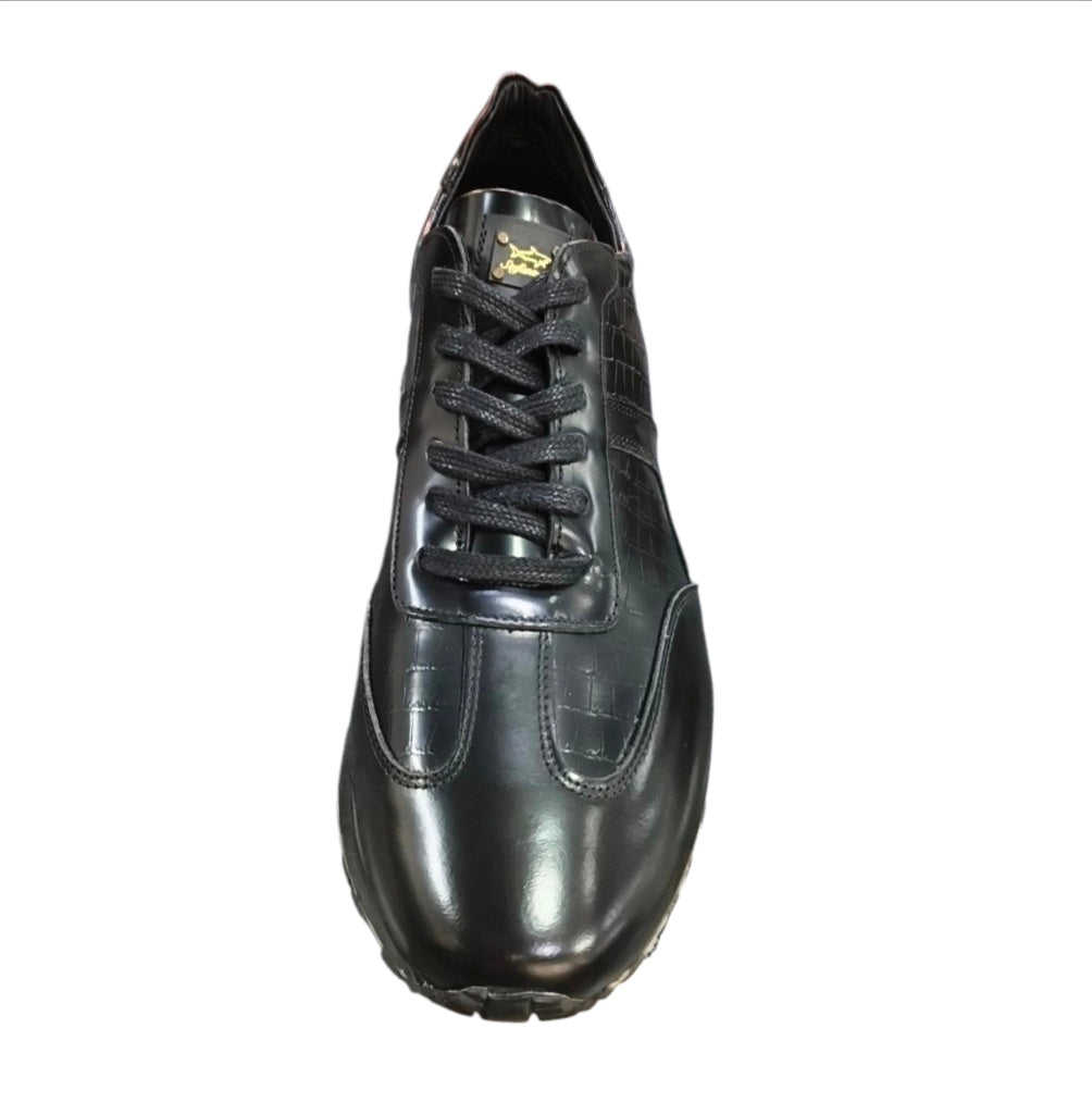Stefano R Men's Matte Black Croc-Embossed Leather Sneakers with Metallic Silver Heel Detail – 1401
