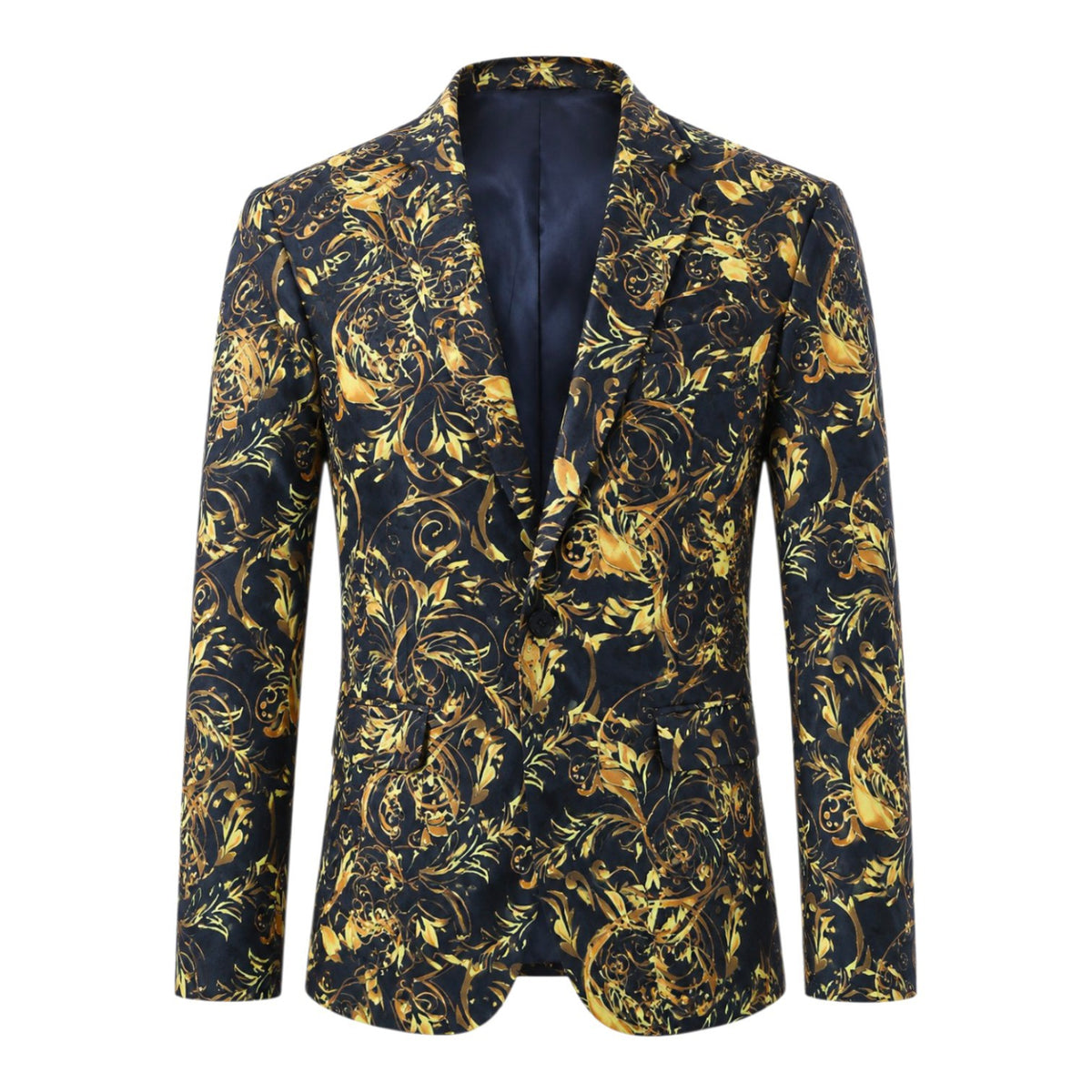 Calvano Men’s One Button Floral Blazer – Black & Gold