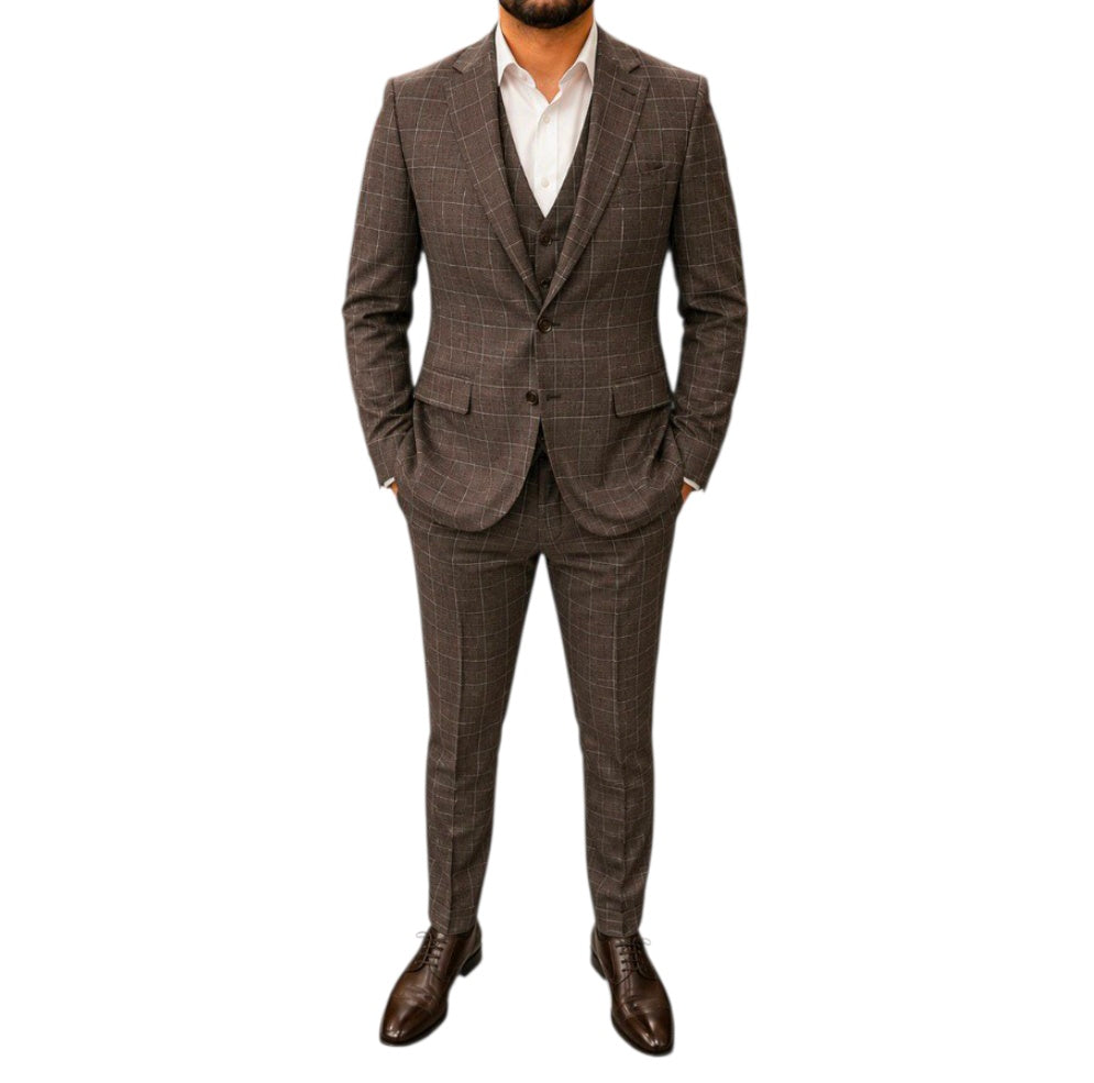 Marcomen Men’s Brown Check 3-Piece Suit