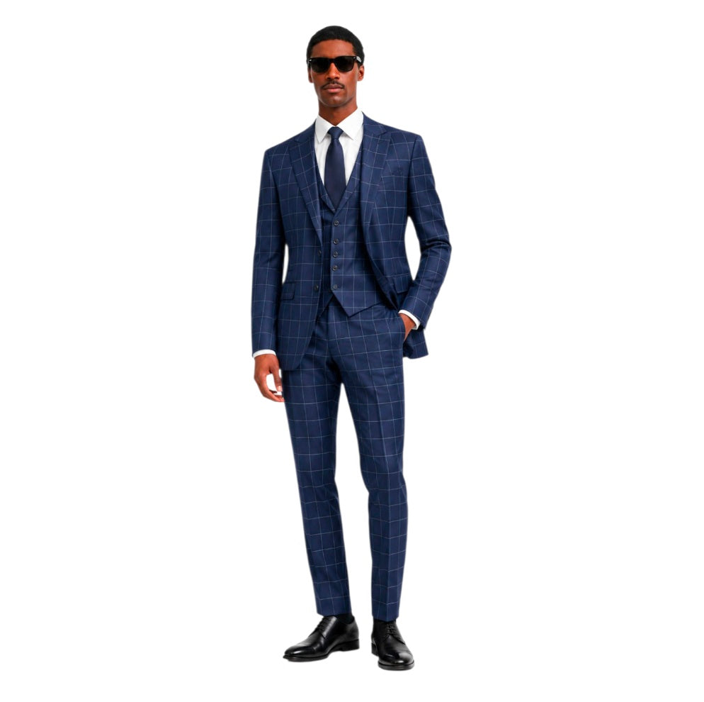 Stefano Men’s Navy Windowpane 3-Piece Suit