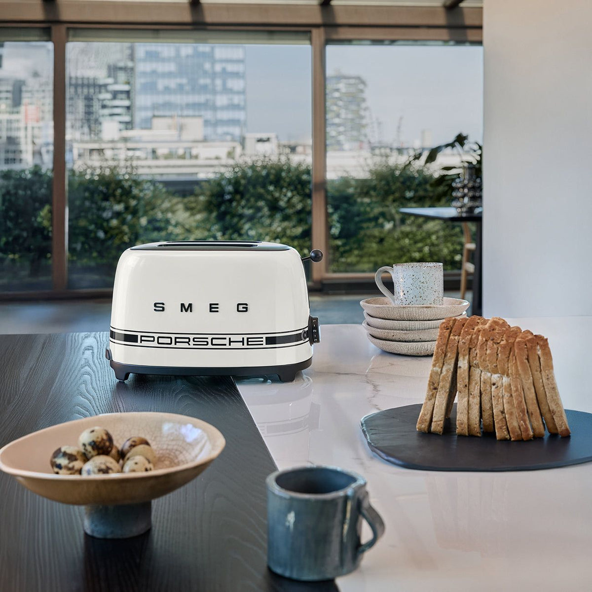 Smeg Porsche x Retro Style 2-Slice Toaster, 950W Carrara White TSF01PCWEU.